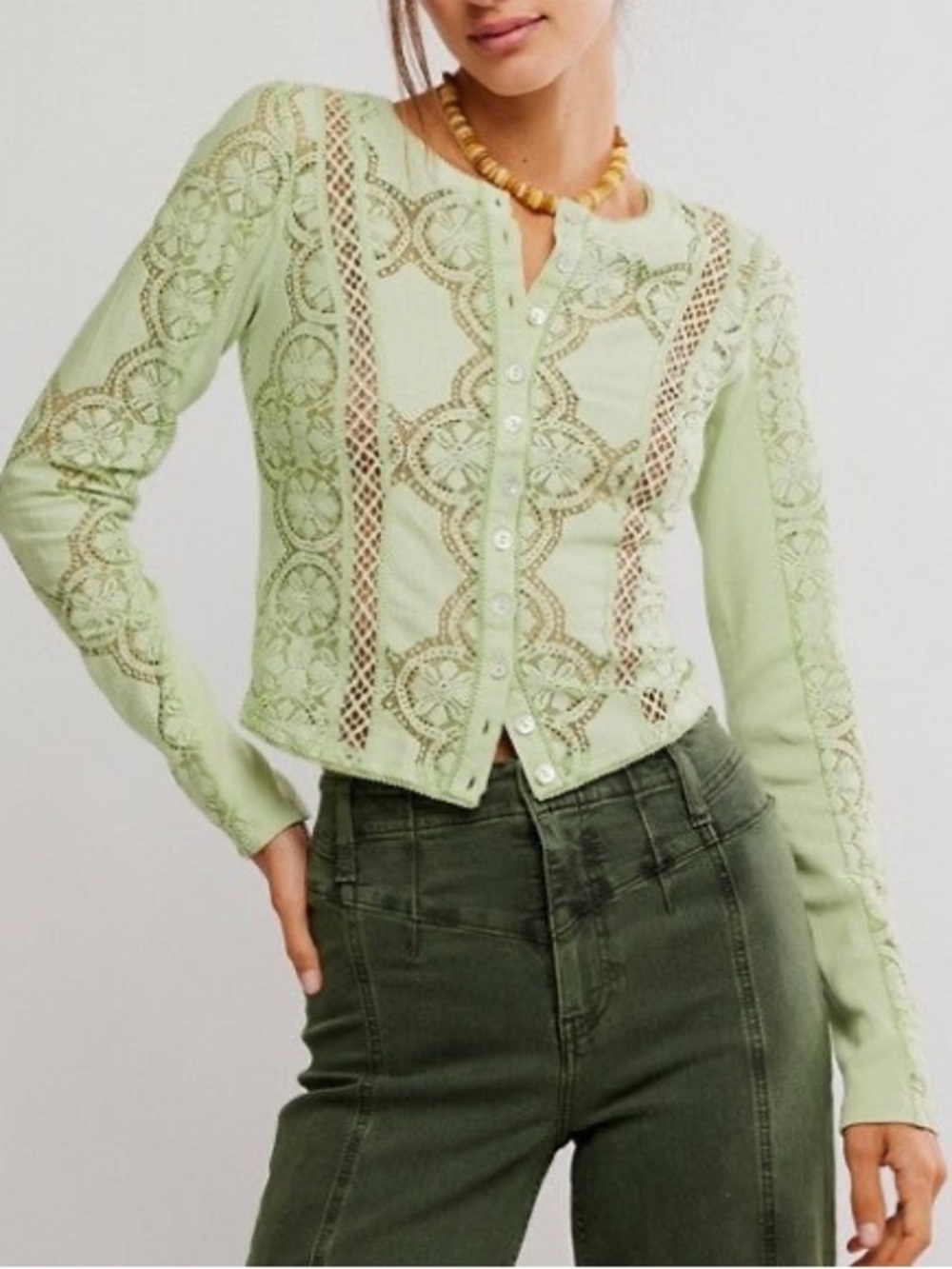 Free People Lace Button Front Cardigan Top – Soft Moss Green – Size Large